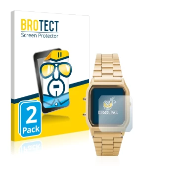 Face avant d’un emballage produit avec le logo de la marque BROTECT. À côté, l’appareil Casio AQ-230GA est représenté avec la 