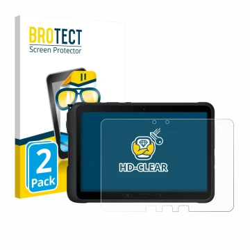 Face avant d’un emballage produit avec le logo de la marque BROTECT. À côté, l’appareil Samsung Galaxy Tab Active 4 Pro est re