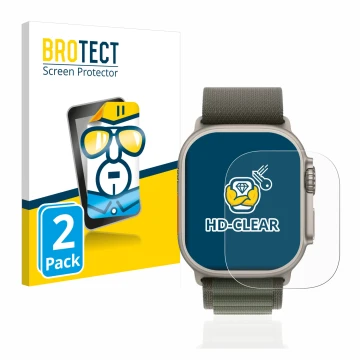 Face avant d’un emballage produit avec le logo de la marque BROTECT. À côté, l’appareil Apple Watch Ultra (49 mm) est représen