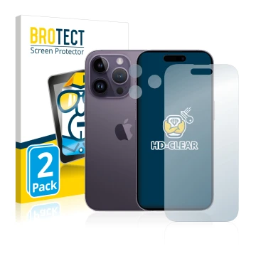 Face avant d’un emballage produit avec le logo de la marque BROTECT. À côté, l’appareil Apple iPhone 14 Pro (Avant+Caméra) est