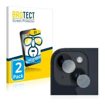 Face avant d’un emballage produit avec le logo de la marque BROTECT. À côté, l’appareil Apple iPhone 14 Plus (Caméra UNIQUEMEN