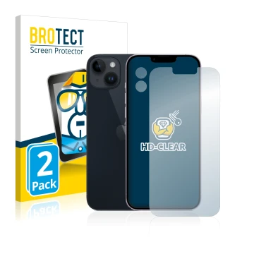 Face avant d’un emballage produit avec le logo de la marque BROTECT. À côté, l’appareil Apple iPhone 14 Plus (Avant+Caméra) es