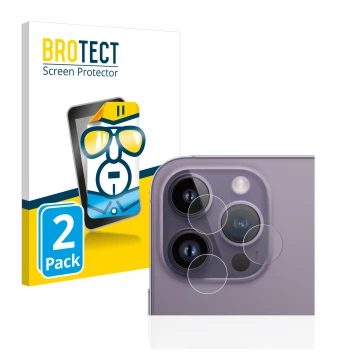 Face avant d’un emballage produit avec le logo de la marque BROTECT. À côté, l’appareil Apple iPhone 14 Pro Max (Caméra UNIQUE