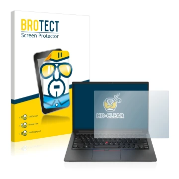 Face avant d’un emballage produit avec le logo de la marque BROTECT. À côté, l’appareil Lenovo ThinkPad E14 Gen 4 est représen