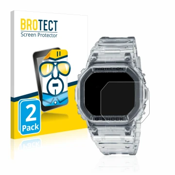 Face avant d’un emballage produit avec le logo de la marque BROTECT. À côté, l’appareil Casio G-Shock DW-5600SKE-7 est représe