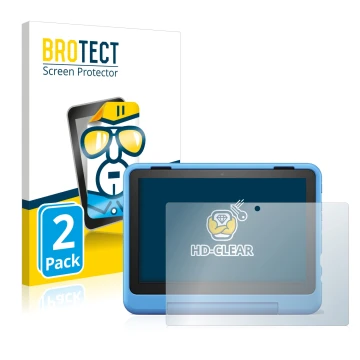 Face avant d’un emballage produit avec le logo de la marque BROTECT. À côté, l’appareil Amazon Fire HD 8 Kids Pro 2022 est rep
