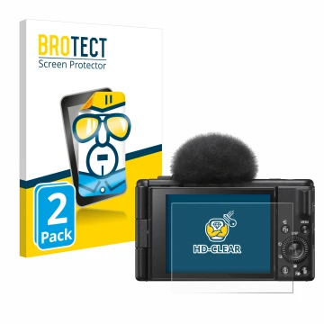 Face avant d’un emballage produit avec le logo de la marque BROTECT. À côté, l’appareil Sony ZV-1F est représenté avec la prot