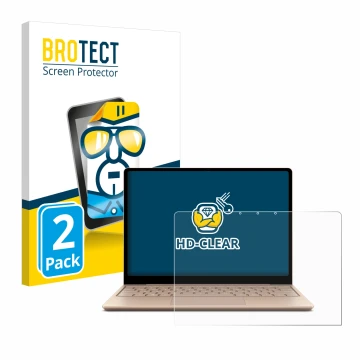 Face avant d’un emballage produit avec le logo de la marque BROTECT. À côté, l’appareil Microsoft Surface Laptop Go 2 Business