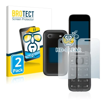 Face avant d’un emballage produit avec le logo de la marque BROTECT. À côté, l’appareil Nokia 2660 Flip (Avant+Arrière) est re
