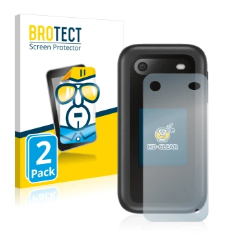 Face avant d’un emballage produit avec le logo de la marque BROTECT. À côté, l’appareil Nokia 2660 Flip (Arrière) est représen