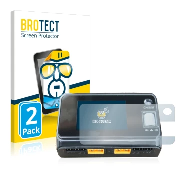 Face avant d’un emballage produit avec le logo de la marque BROTECT. À côté, l’appareil ToolkitRC M6D Dual Charger est représe