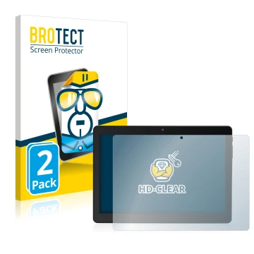 Face avant d’un emballage produit avec le logo de la marque BROTECT. À côté, l’appareil Acepad A145 10.1
