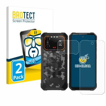 Face avant d’un emballage produit avec le logo de la marque BROTECT. À côté, l’appareil iiiF150 B1 Pro (Avant+Caméra) est repr