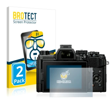 Face avant d’un emballage produit avec le logo de la marque BROTECT. À côté, l’appareil Olympus OM System OM-5 est représenté 