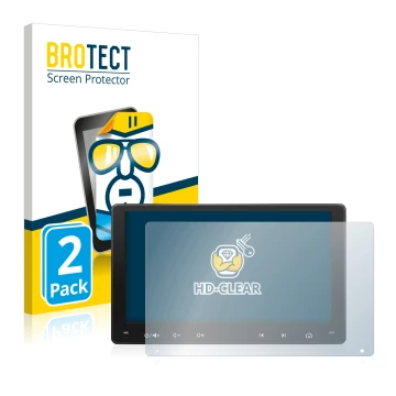 Face avant d’un emballage produit avec le logo de la marque BROTECT. À côté, l’appareil Atoto A6 PF 9 Zoll est représenté avec