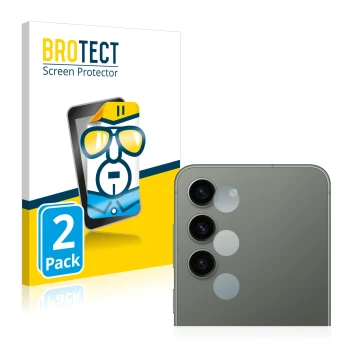 Face avant d’un emballage produit avec le logo de la marque BROTECT. À côté, l’appareil Samsung Galaxy S23 Plus (Caméra UNIQUE