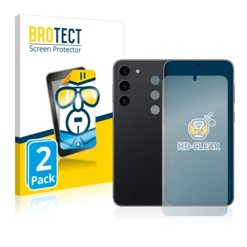 Face avant d’un emballage produit avec le logo de la marque BROTECT. À côté, l’appareil Samsung Galaxy S23 Plus (Avant+Caméra)