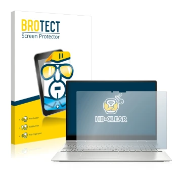 Face avant d’un emballage produit avec le logo de la marque BROTECT. À côté, l’appareil HP Envy x360 2-in-1 15-ew est représen