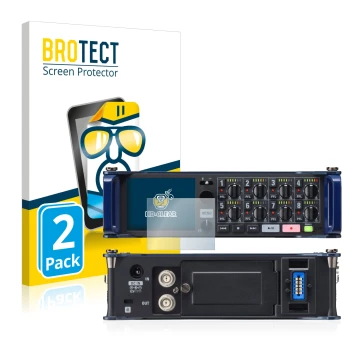 Face avant d’un emballage produit avec le logo de la marque BROTECT. À côté, l’appareil Zoom F8 field recorder est représenté 