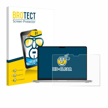 Face avant d’un emballage produit avec le logo de la marque BROTECT. À côté, l’appareil Apple MacBook Pro 14