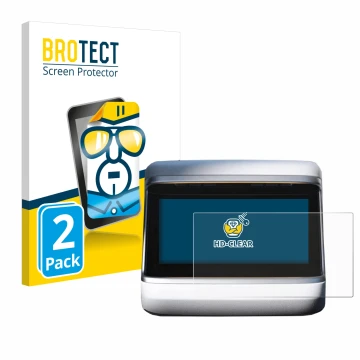 Face avant d’un emballage produit avec le logo de la marque BROTECT. À côté, l’appareil Tesla Model X Plaid 2023 (Affichage ar