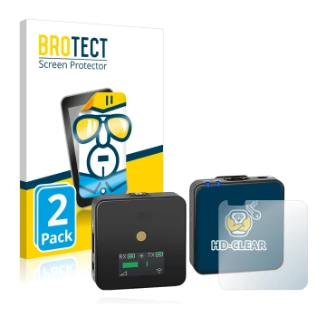 Face avant d’un emballage produit avec le logo de la marque BROTECT. À côté, l’appareil Rode Wireless GO II est représenté ave