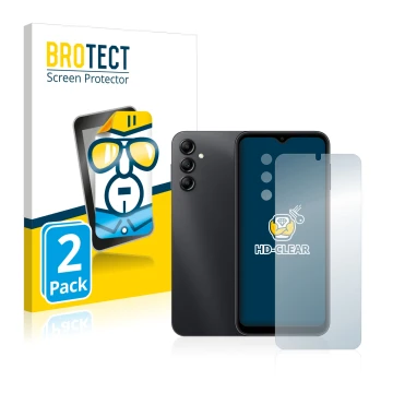 Face avant d’un emballage produit avec le logo de la marque BROTECT. À côté, l’appareil Samsung Galaxy A14 5G (Avant+Caméra) e
