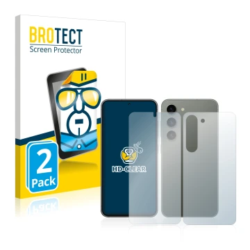Face avant d’un emballage produit avec le logo de la marque BROTECT. À côté, l’appareil Samsung Galaxy S23 (Avant+Arrière) est