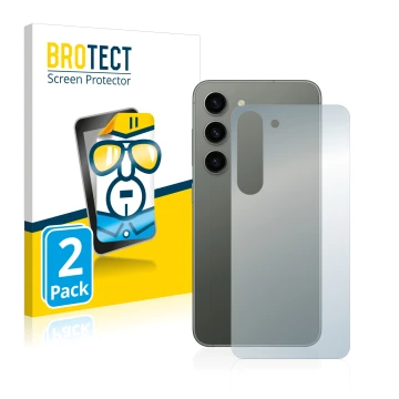 Face avant d’un emballage produit avec le logo de la marque BROTECT. À côté, l’appareil Samsung Galaxy S23 Plus (Arrière) est 