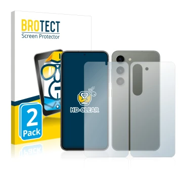 Face avant d’un emballage produit avec le logo de la marque BROTECT. À côté, l’appareil Samsung Galaxy S23 Plus (Avant+Arrière
