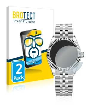 Face avant d’un emballage produit avec le logo de la marque BROTECT. À côté, l’appareil Rolex Datejust 31 est représenté avec 