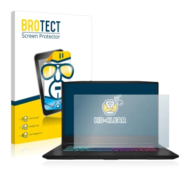 Face avant d’un emballage produit avec le logo de la marque BROTECT. À côté, l’appareil MSI Katana 17 B13V est représenté avec