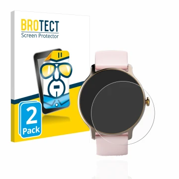 Face avant d’un emballage produit avec le logo de la marque BROTECT. À côté, l’appareil Hama Fit Watch 4910 est représenté ave