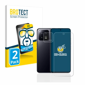 Face avant d’un emballage produit avec le logo de la marque BROTECT. À côté, l’appareil Xiaomi 13 (Avant+Caméra) est représent