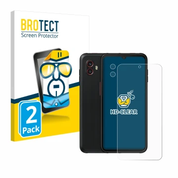 Face avant d’un emballage produit avec le logo de la marque BROTECT. À côté, l’appareil Samsung Galaxy XCover 6 Pro Enterprise