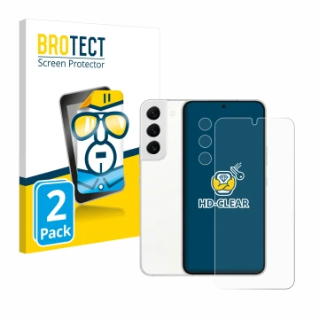 Face avant d’un emballage produit avec le logo de la marque BROTECT. À côté, l’appareil Samsung Galaxy S22 Enterprise Edition 