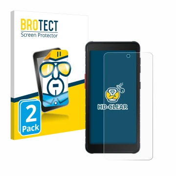 Face avant d’un emballage produit avec le logo de la marque BROTECT. À côté, l’appareil Samsung Galaxy XCover 5 Enterprise Edi