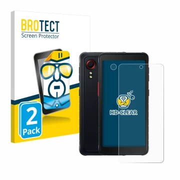 Face avant d’un emballage produit avec le logo de la marque BROTECT. À côté, l’appareil Samsung Galaxy XCover 5 Enterprise Edi