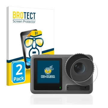 Face avant d’un emballage produit avec le logo de la marque BROTECT. À côté, l’appareil DJI Osmo Action 3 (Lentille) est repré