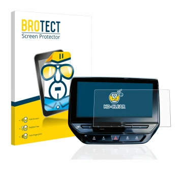 Face avant d’un emballage produit avec le logo de la marque BROTECT. À côté, l’appareil Volkswagen ID.5 Discover Pro 12