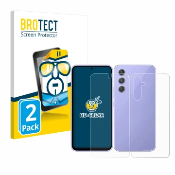Face avant d’un emballage produit avec le logo de la marque BROTECT. À côté, l’appareil Samsung Galaxy A54 5G (Avant+Arrière) 