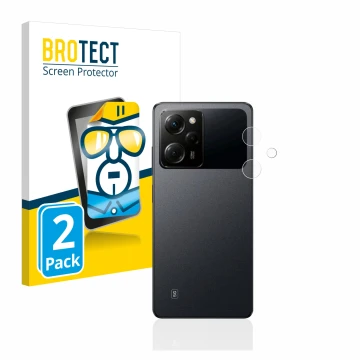 Face avant d’un emballage produit avec le logo de la marque BROTECT. À côté, l’appareil Xiaomi Poco X5 Pro (Caméra UNIQUEMENT)