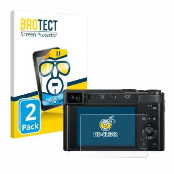 Face avant d’un emballage produit avec le logo de la marque BROTECT. À côté, l’appareil Panasonic Lumix DC-TZ202D est représen