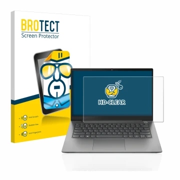 Face avant d’un emballage produit avec le logo de la marque BROTECT. À côté, l’appareil Lenovo ThinkBook 14 Gen 4 est représen