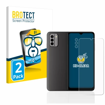 Face avant d’un emballage produit avec le logo de la marque BROTECT. À côté, l’appareil Nokia G22 (Avant+Caméra) est représent