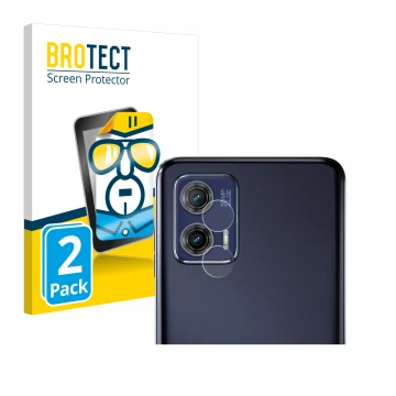 Face avant d’un emballage produit avec le logo de la marque BROTECT. À côté, l’appareil Motorola Moto G73 5G (Caméra UNIQUEMEN