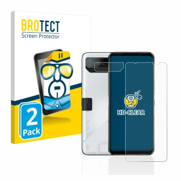 Face avant d’un emballage produit avec le logo de la marque BROTECT. À côté, l’appareil ASUS ROG Phone 7 Ultimate (Avant+Camér