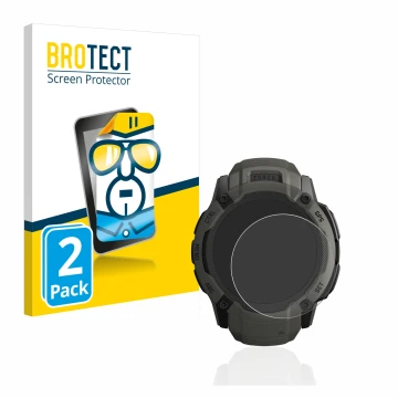 Face avant d’un emballage produit avec le logo de la marque BROTECT. À côté, l’appareil Garmin Instinct 2X Solar est représent