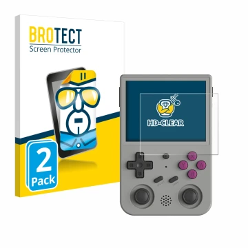 Face avant d’un emballage produit avec le logo de la marque BROTECT. À côté, l’appareil Anbernic RG353V est représenté avec la