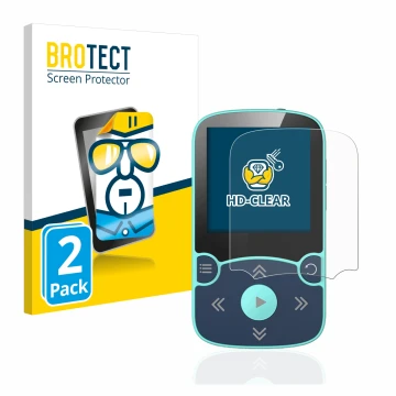 Face avant d’un emballage produit avec le logo de la marque BROTECT. À côté, l’appareil AGPtek A65X MP3 Player with clip est r